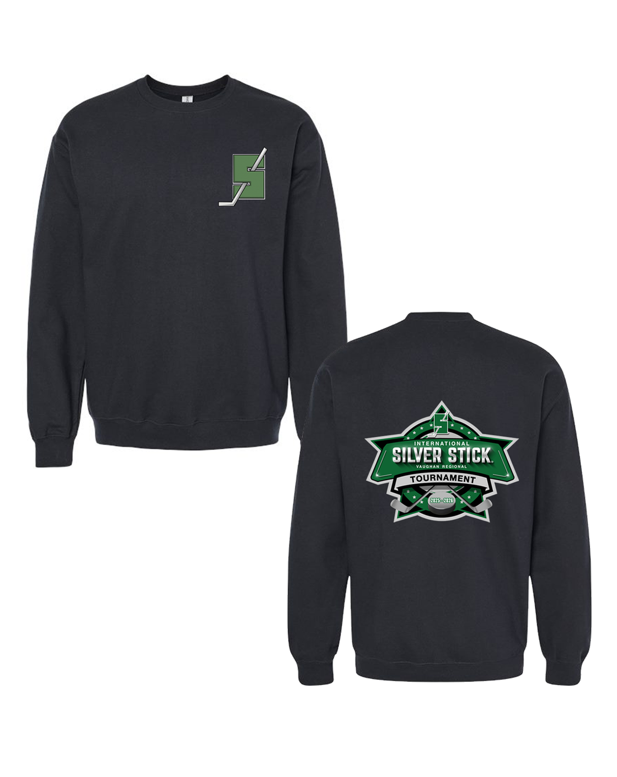 Silver Stick 2025 Tournament S Logo Chest Crest Tournament Logo Back Print Gildan Unisex Softstyle Midweight Crewneck Sweatshirt