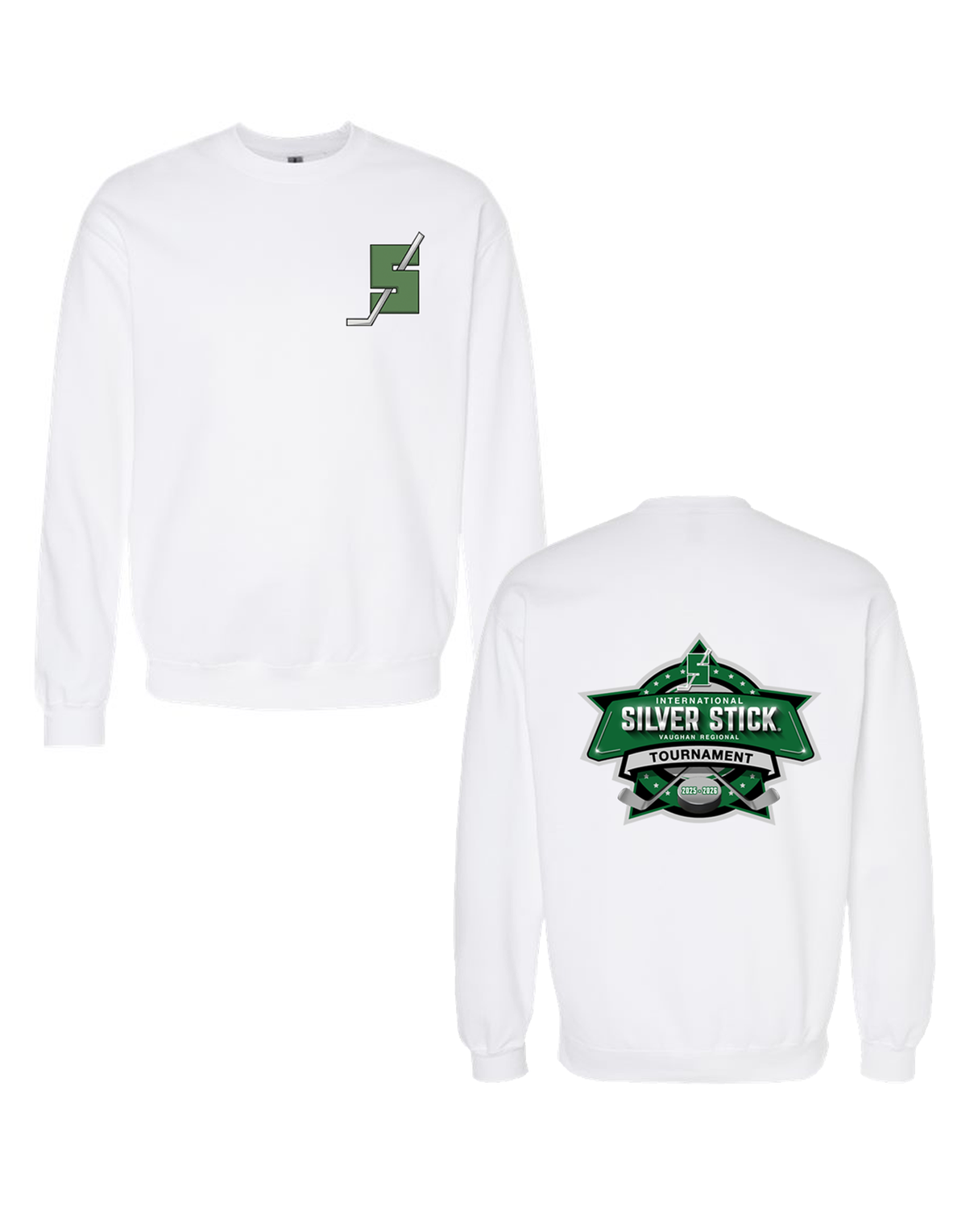 Silver Stick 2025 Tournament S Logo Chest Crest Tournament Logo Back Print Gildan Unisex Softstyle Midweight Crewneck Sweatshirt