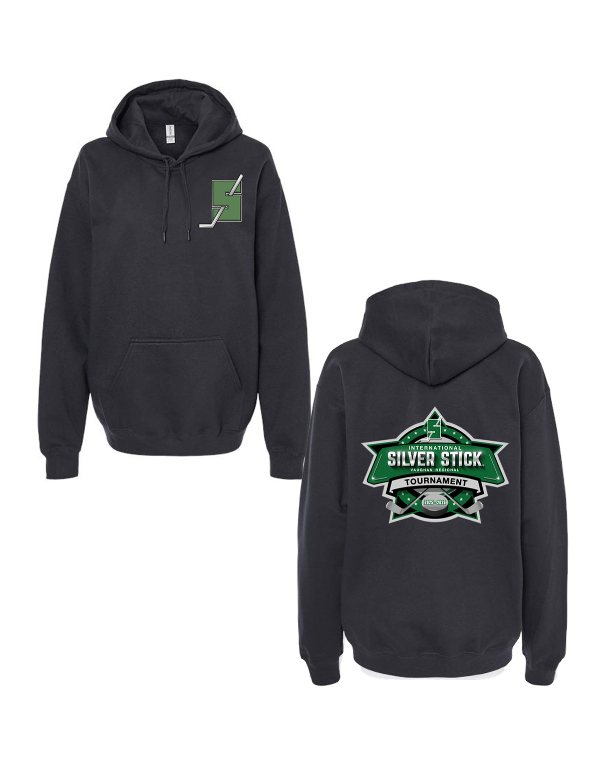 Silver Stick 2025 Tournament S Logo Chest Crest Tournament Logo Back Print Gildan Unisex Softstyle Midweight Hooded Sweatshirt