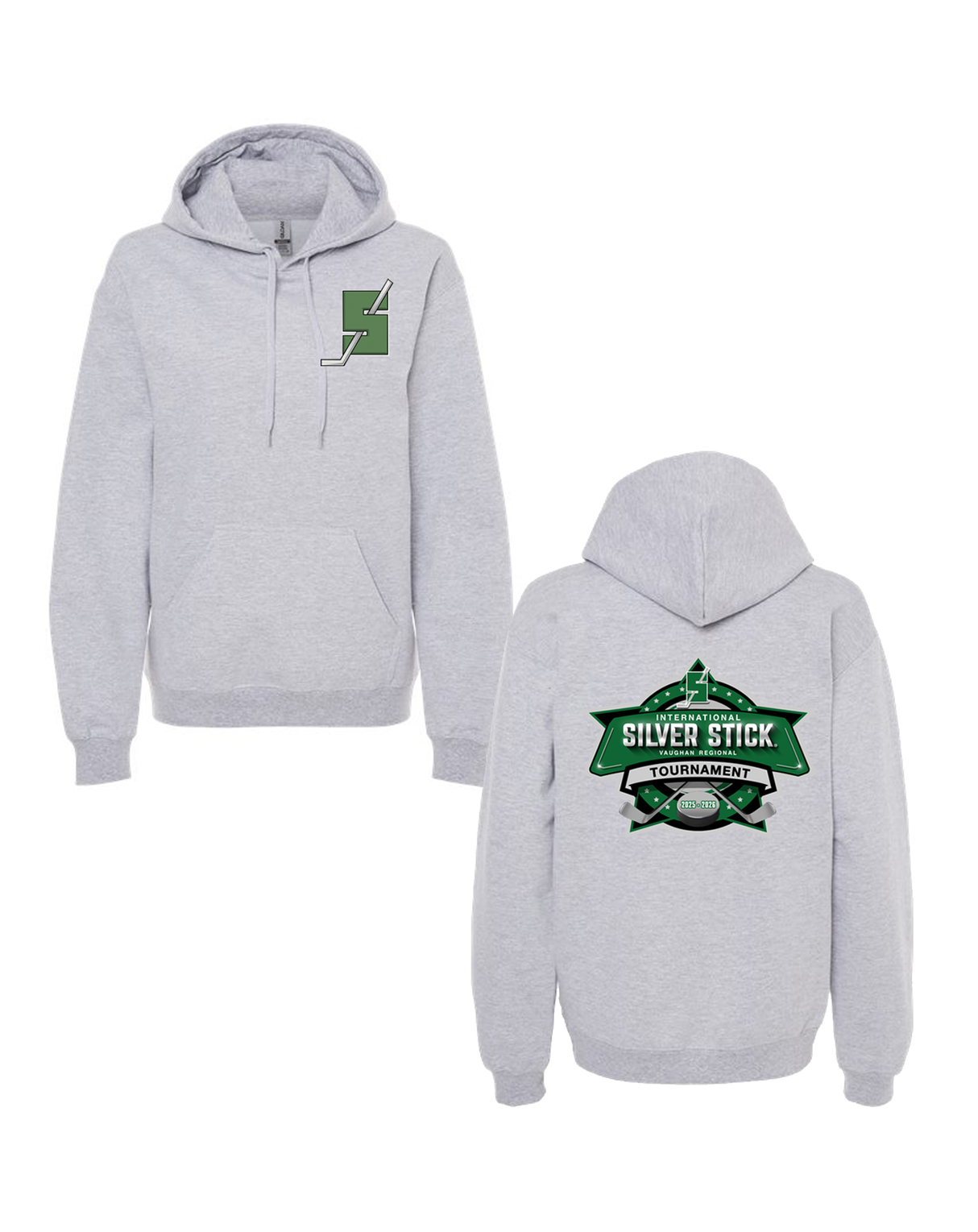 Silver Stick 2025 Tournament S Logo Chest Crest Tournament Logo Back Print Gildan Unisex Softstyle Midweight Hooded Sweatshirt