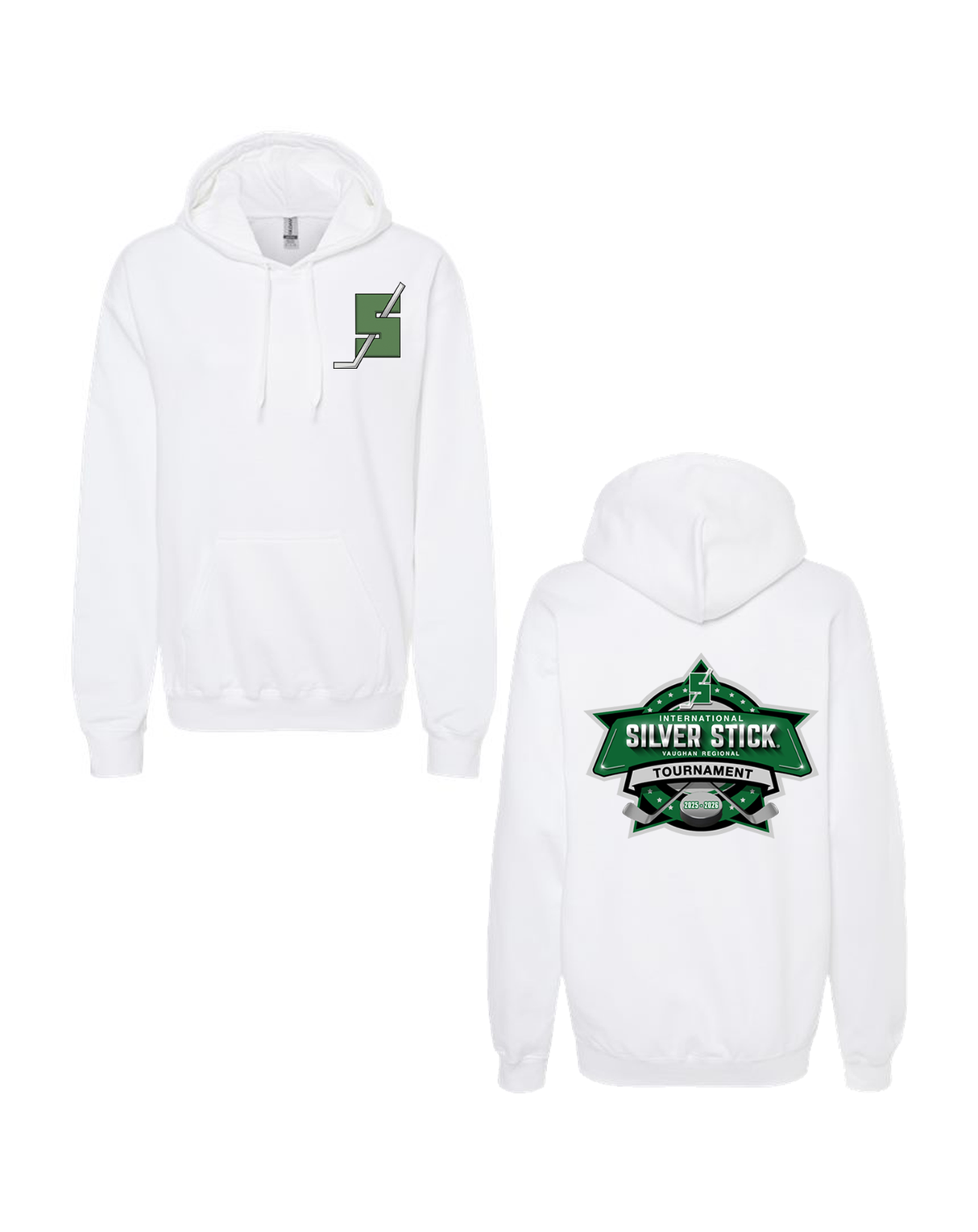 Silver Stick 2025 Tournament S Logo Chest Crest Tournament Logo Back Print Gildan Unisex Softstyle Midweight Hooded Sweatshirt