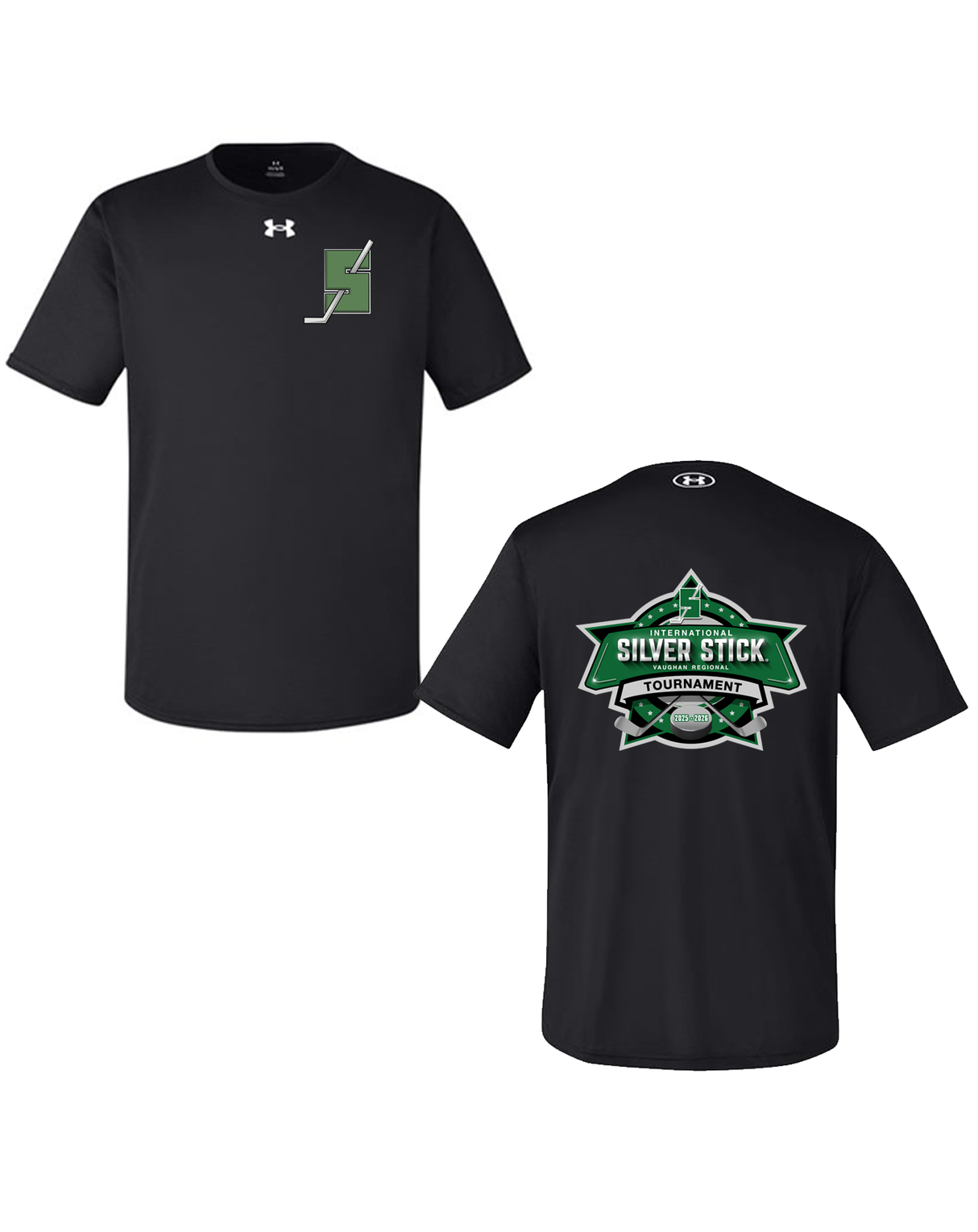 Silver Stick 2025 S Logo Chest Crest Tournament Logo Back Print Under Armour Men's Team Tech T Shirt