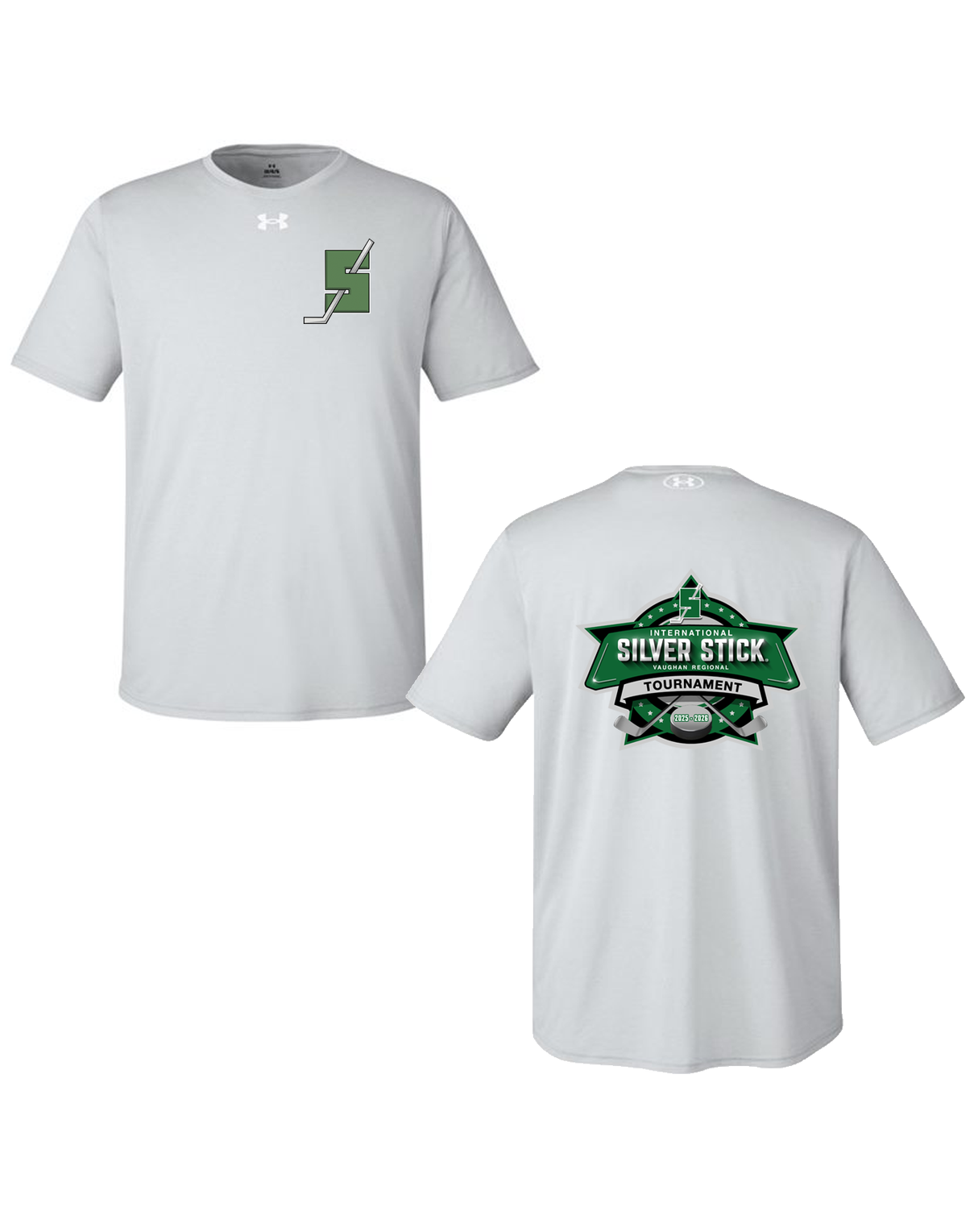 Silver Stick 2025 S Logo Chest Crest Tournament Logo Back Print Under Armour Men's Team Tech T Shirt