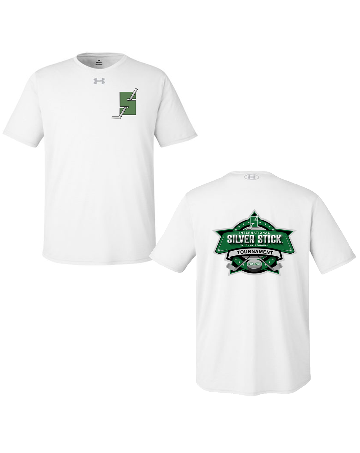 Silver Stick 2025 S Logo Chest Crest Tournament Logo Back Print Under Armour Men's Team Tech T Shirt