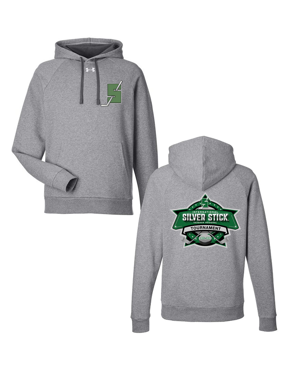 Silver Stick 2025 Tournament S Logo Chest Crest Tournament Logo Back Print Under Armour Men's Rival Fleece Hooded Sweatshirt