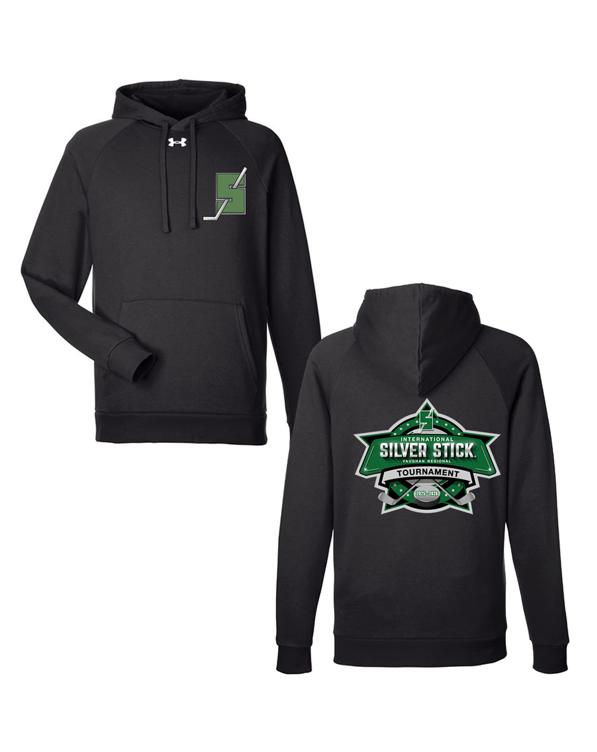 Silver Stick 2025 Tournament S Logo Chest Crest Tournament Logo Back Print Under Armour Men's Rival Fleece Hooded Sweatshirt