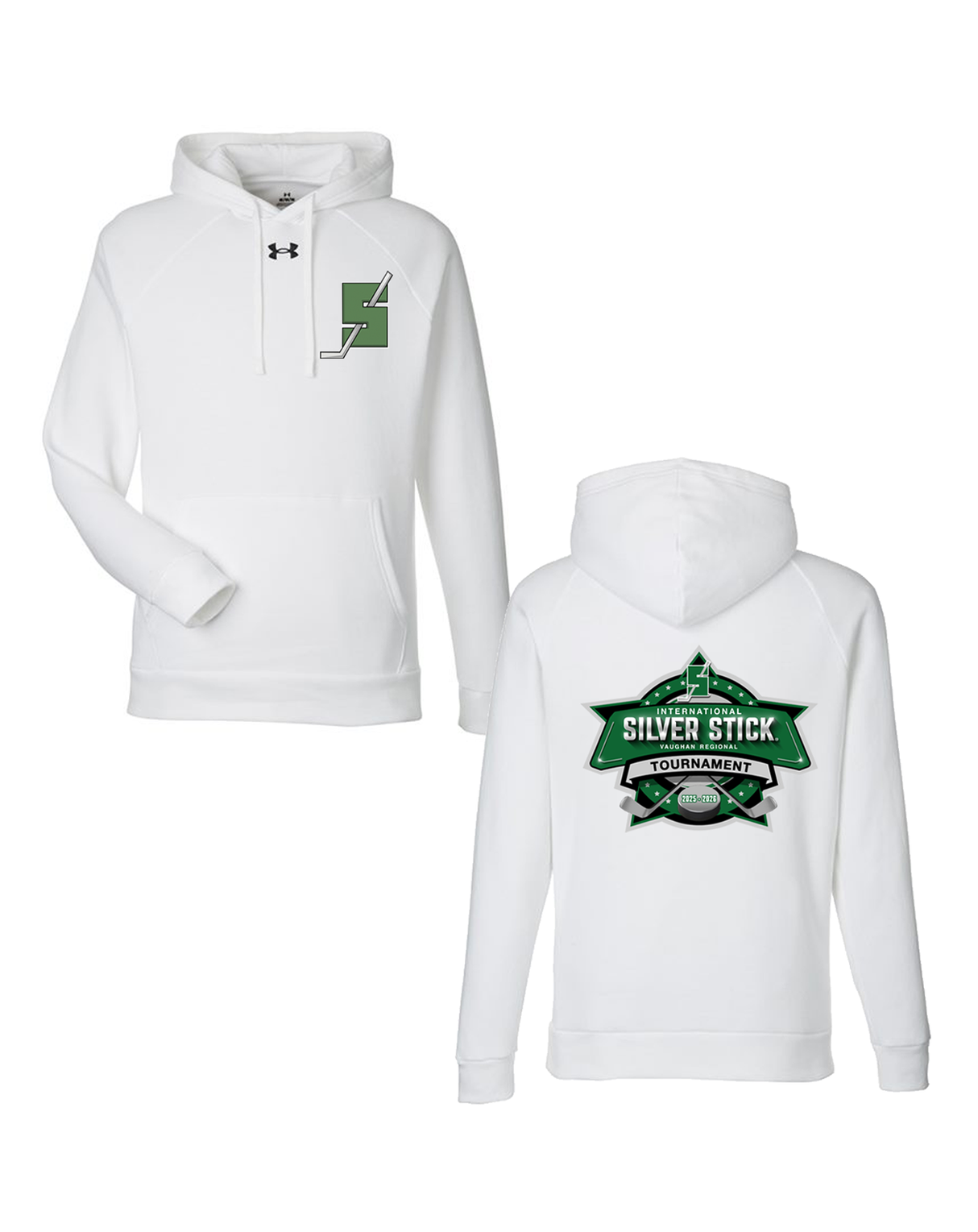 Silver Stick 2025 Tournament S Logo Chest Crest Tournament Logo Back Print Under Armour Men's Rival Fleece Hooded Sweatshirt