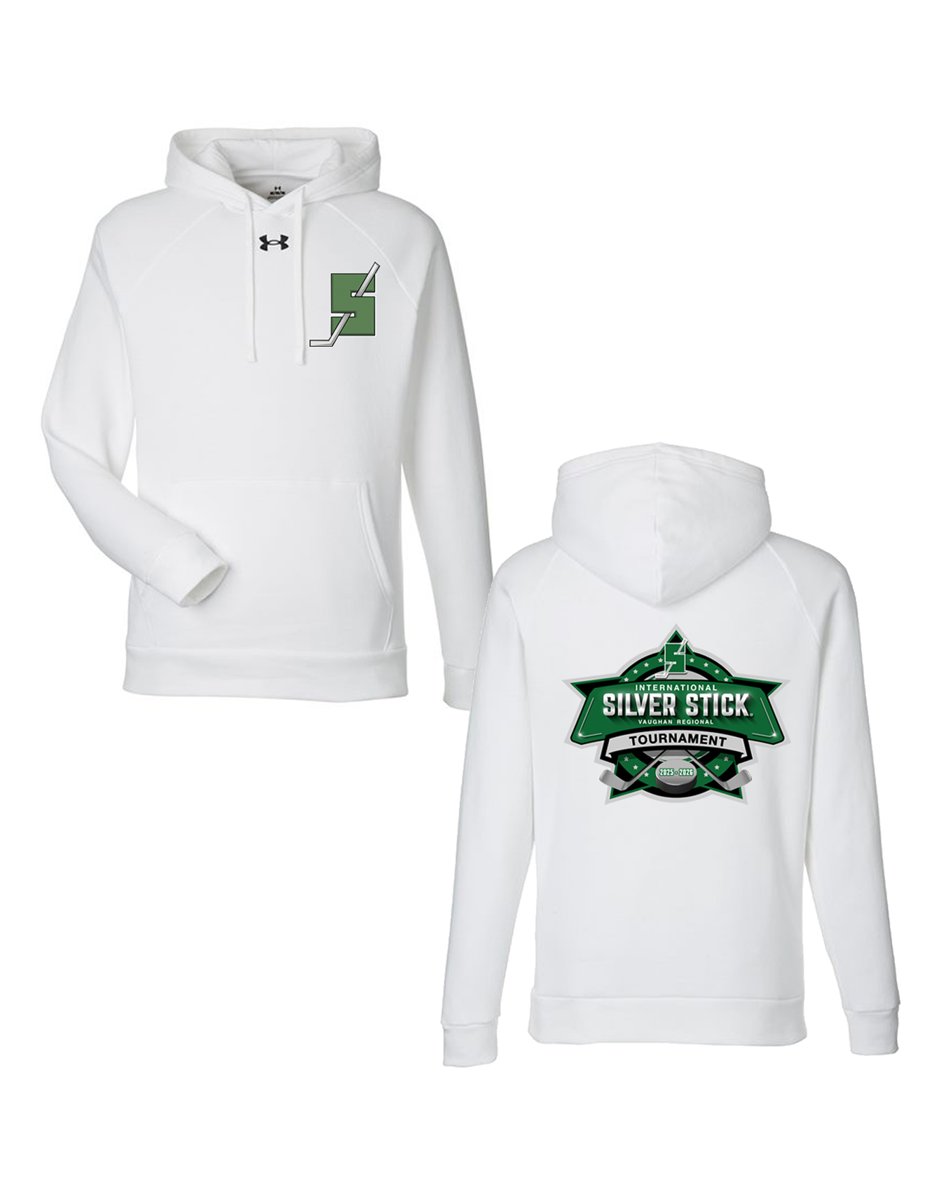 Silver Stick 2025 Tournament S Logo Chest Crest Tournament Logo Back Print Under Armour Men's Rival Fleece Hooded Sweatshirt